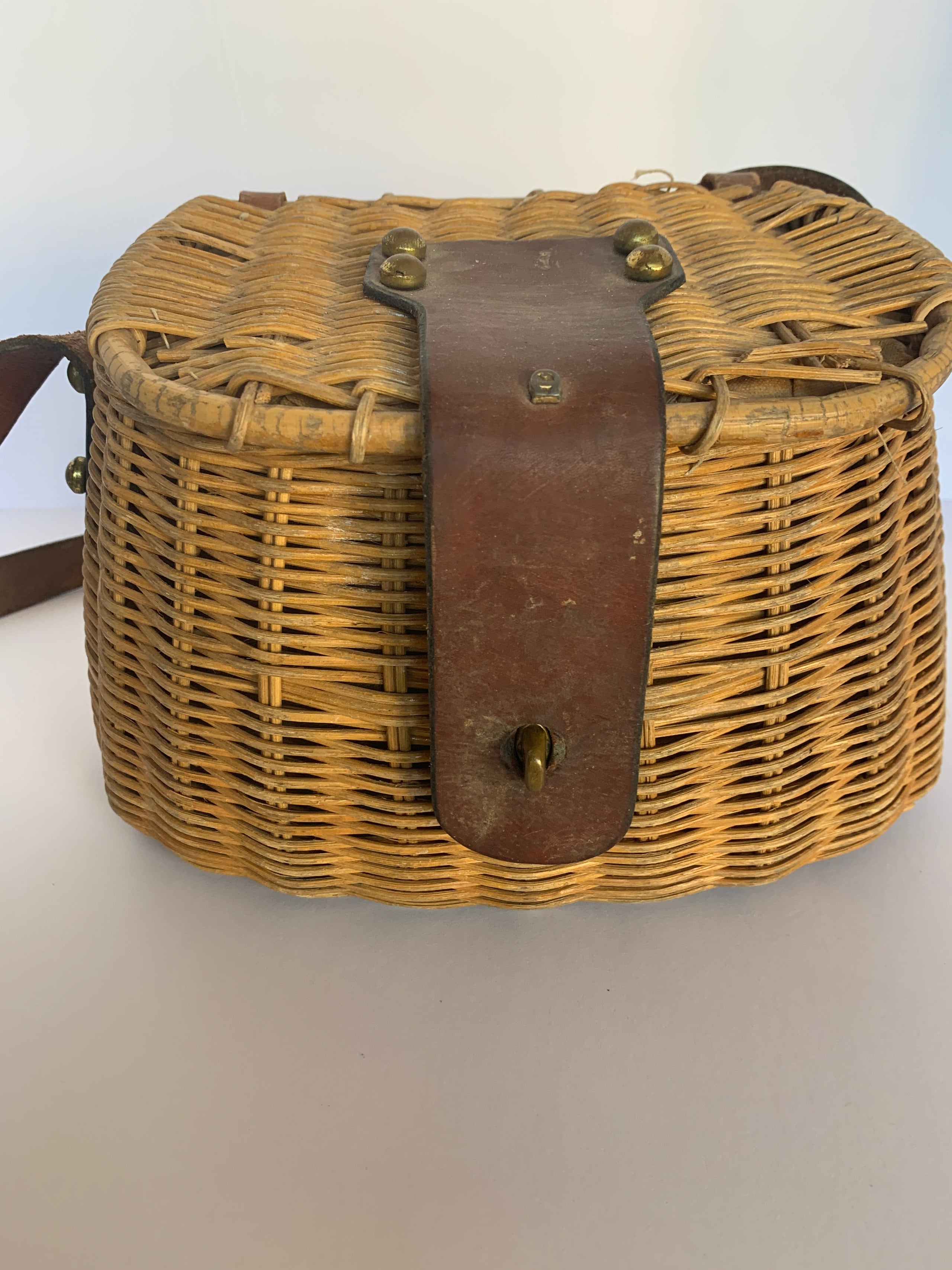 Antique Fishing Creel Basket Wicker and Leather Vintage - antiques
